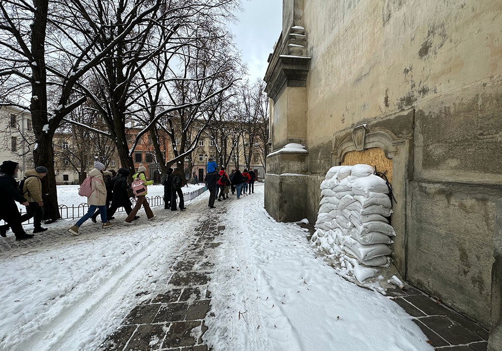 Sandbags protect the basement of the Greek Catholic cathedral in Lviv, Ukraine, that serves as a bomb shelter for local residents. (Gregg Brekke)
