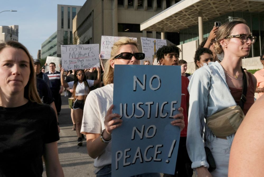 People attend a protest in Kansas City, Missouri, April 18, after 16-year-old Ralph Yarl, who is Black, was shot and wounded by a white homeowner after the boy mistakenly went to the wrong house to pick up his siblings. (OSV News/Reuters/Dominick Williams)