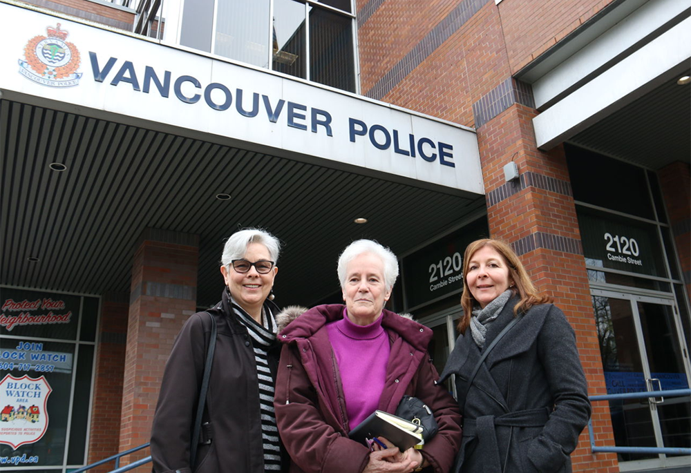 Sandra Harrison, Sr. Nancy Brown of the Sisters of Charity of Halifax, and Evelyn Vollet are pictured leaving the Vancouver Police Department after police announced the arrest of 47 men for trying to pay underage girls for sex. In Canada it is illegal to purchase sex from anyone. (Courtesy of Nancy Brown)