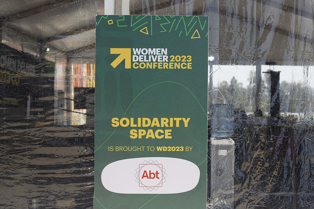 A banner of the Women Deliver Conference at the Kigali Convention Center in Rwanda, held July 17-20. The conference theme is "Spaces, Solidarity, and Solutions." (GSR photo/Doreen Ajiambo)