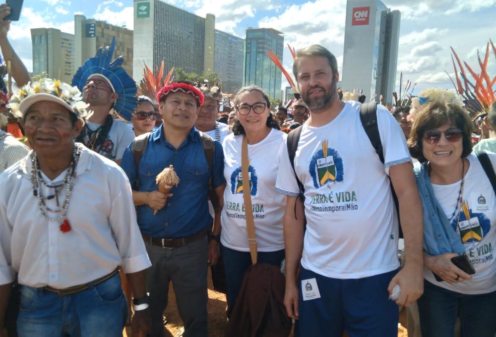 Franciscan Sisters of Our Lady of Aparecida Sr. Joana Ortiz protests the temporal framework with Indigenous people in Brasilia, Brazil.