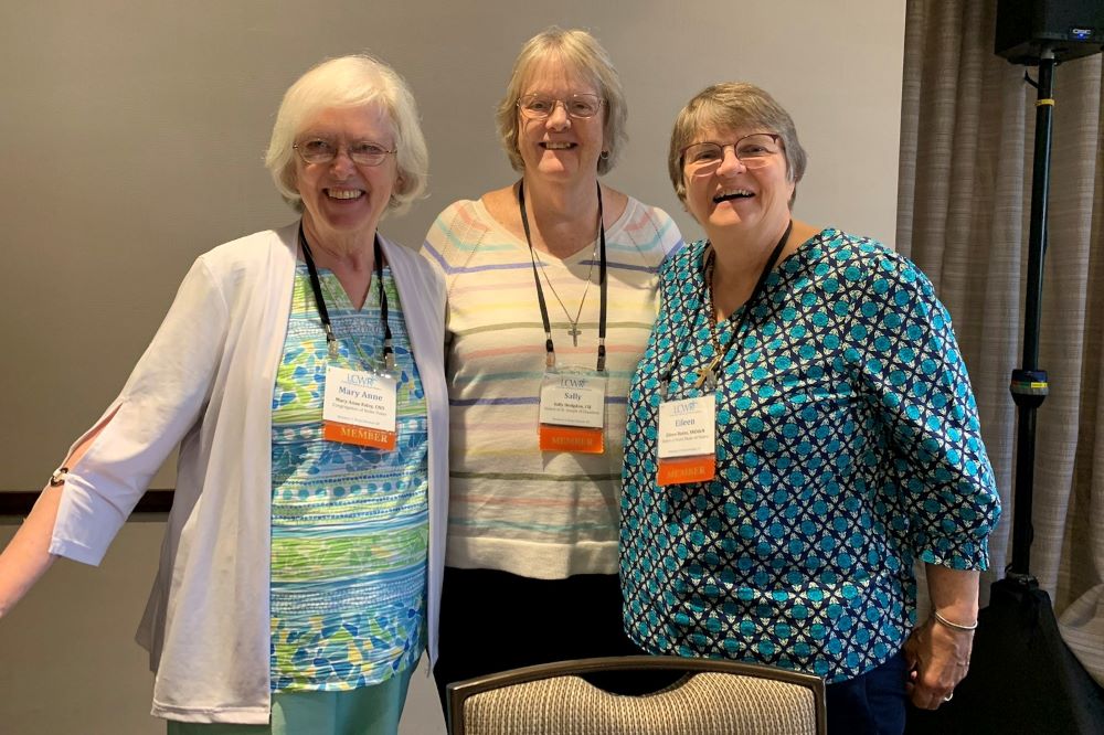 The breakout session on international congregations was led by, from left: Sr. Mary Anne Foley, Congregation de Notre Dame; Sr. Sally Hodgdon, Sisters of Saint Joseph of Chambéry; and Sr. Eileen Burns, Sister of Notre Dame de Namur.