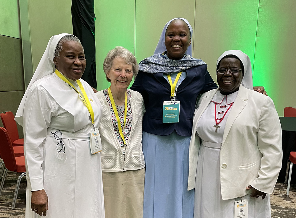 Presentation Sr. Joyce Meyer, international liaison for Global Sisters Report (second from left), meets with, from left, Sr. Francisca Ngozi Uti, Handmaids of the Holy Child Jesus in Nigeria; Sr. Hedwig Muse, Little Sisters of Mary Immaculate in Kenya; and Sr. Rosemary Nyirumbe, Sisters of the Sacred Heart of Jesus in Uganda, during the Women Deliver 2023 Conference held July 17-20 in Rwanda. (GSR photo)