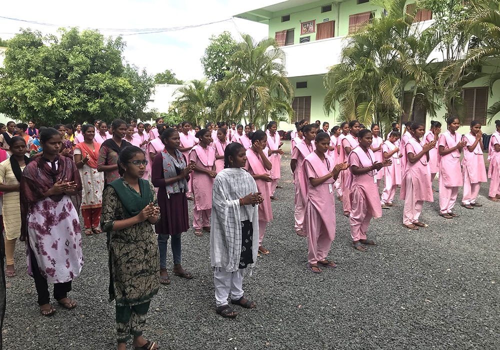 The students of the Sree Jeevan Jyothi Vocational Junior College attend the morning assembly in Polur, a village in the southeastern Indian state of Andhra Pradesh. (GSR photo/Thomas Scaria)