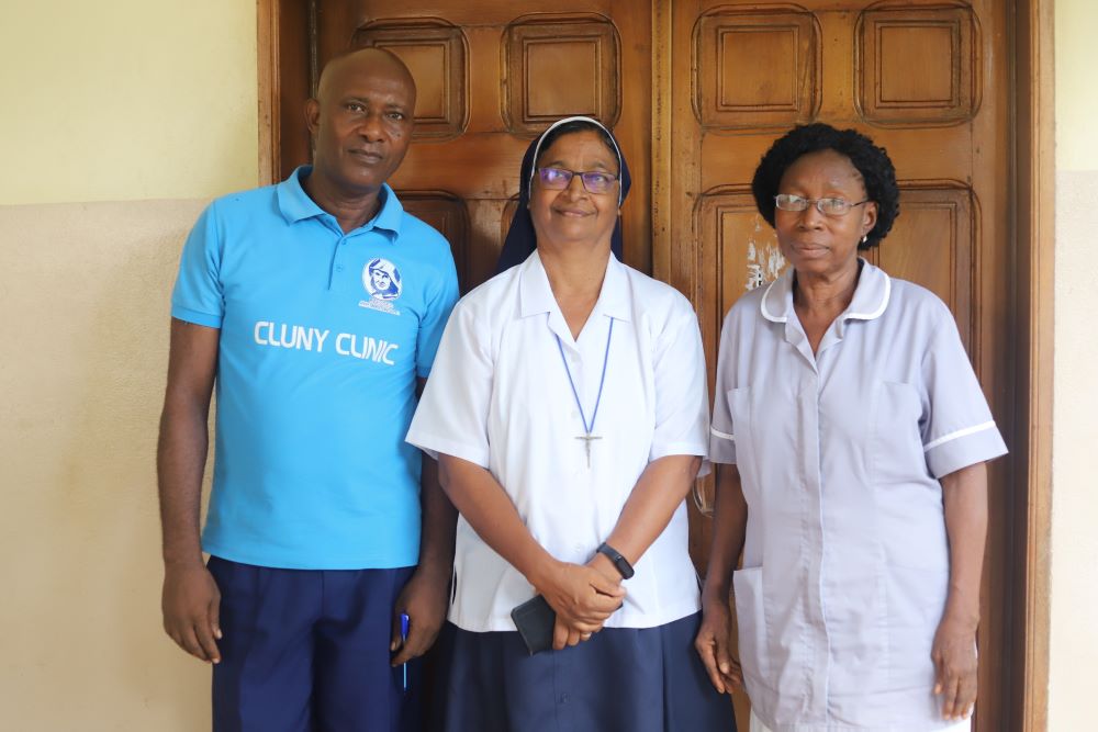 Sr. Philomena Joseph Kulangara, center, is pictured with two nurses at the Loreto Health Service in northern Sierra Leone on Sept. 20. (GSR Photo/Doreen Ajiambo)