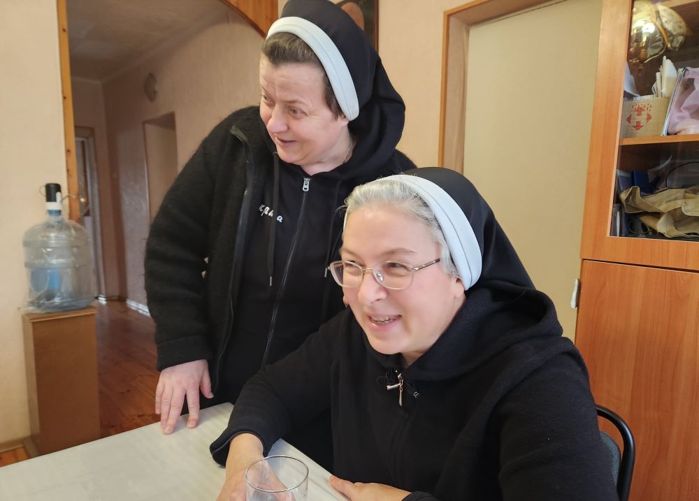 Sr. Romana Hutnyk, right, a Ukrainian sister and a member of the Sisters of the Order of St. Basil the Great, with Sr. Lucia Murashko at a congregational monastery in Zaporizhzhia, Ukraine.