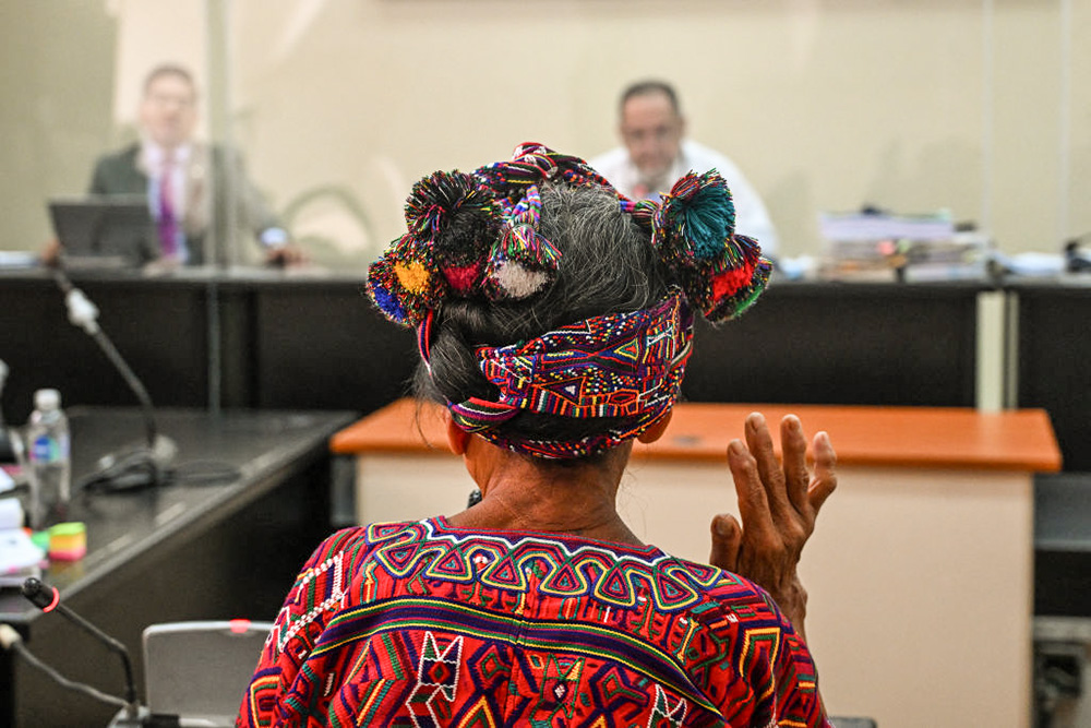 Ixil Indigenous Jacinta Ceto, survivor of the Guatemalan civil war, attends the hearing against retired Gen. Benedicto Lucas García at a court in Guatemala City on April 8. A Guatemalan court began a trial against Lucas, 91, already convicted of crimes against humanity, for the massacre of more than 1,200 Indigenous Ixil Maya people between 1978 and 1982, a period when his brother Romeo Lucas Garcia was in power. (AFP via Getty Images/Johan Ordonez)