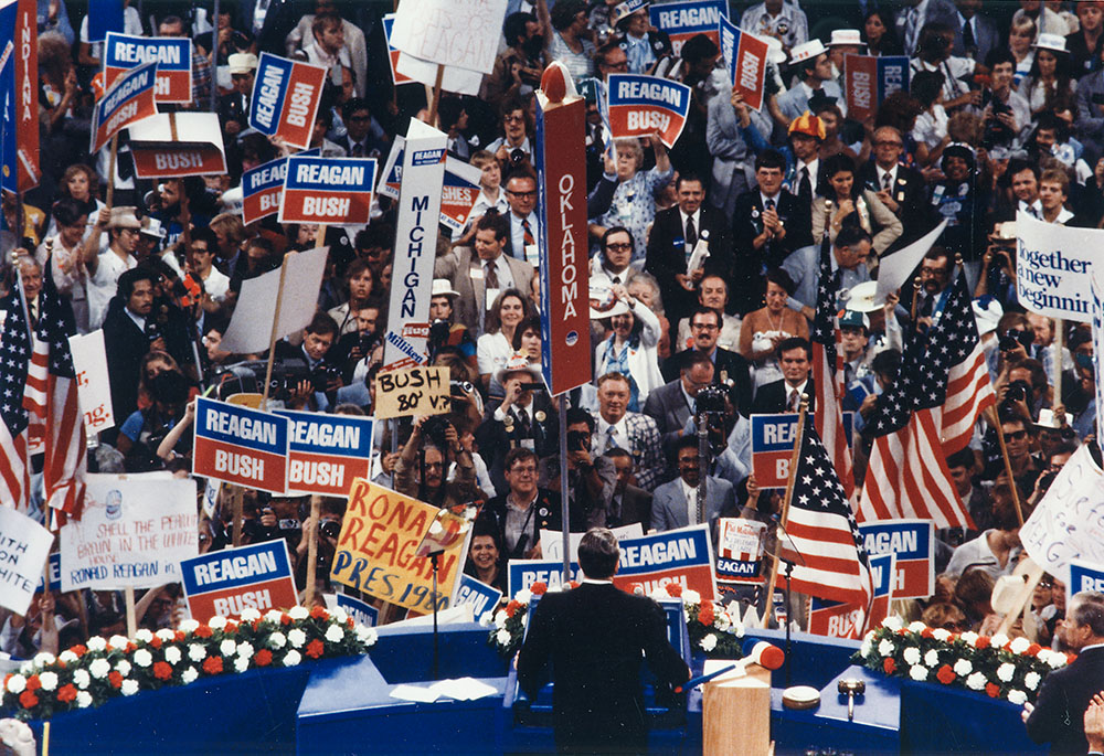 Ronald Reagan gives his acceptance speech as presidential nominee at the Republican National Convention in Detroit on July 17, 1980. (Wikimedia Commons/U.S. National Archives and Records Administration)