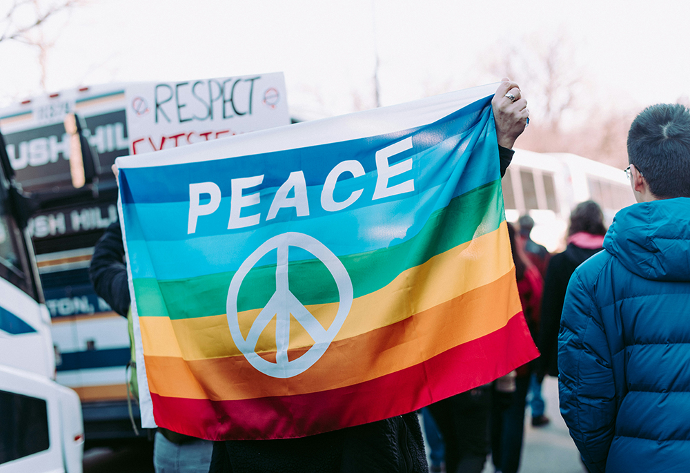 In this photo illustration, a protester holds up a rainbow-colored flag that displays the word "Peace" and the peace sign. (Unsplash/Alice Donovan Rouse)