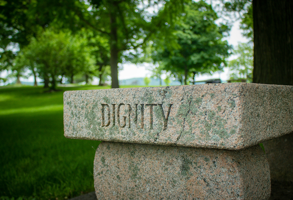 A photo shows an outdoor scene with a stone pillar in the foreground that displays the word "dignity." (Unsplash/Dave Lowe)