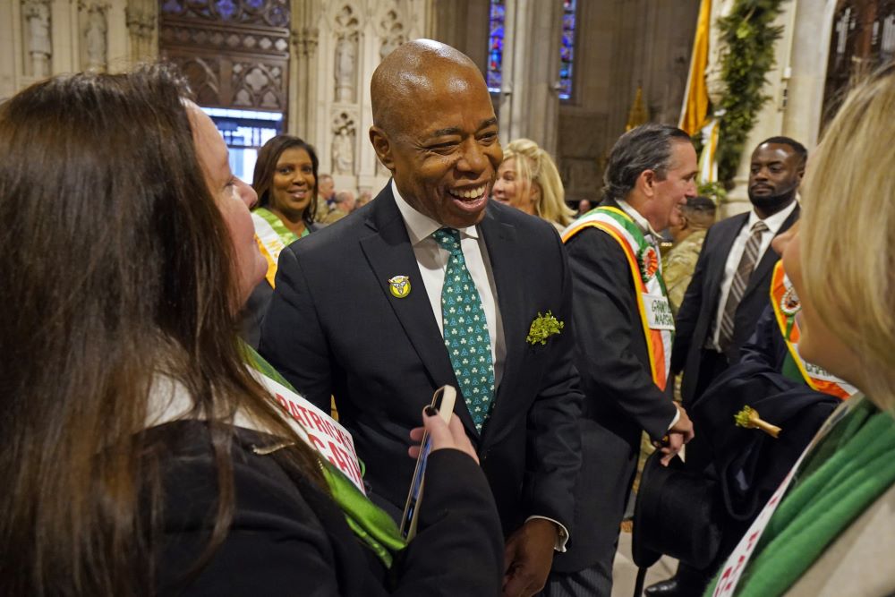 New York Mayor Eric Adams chats with well-wishers after attending the St. Patrick's Day Mass at St. Patrick's Cathedral in New York City March 17, 2023.