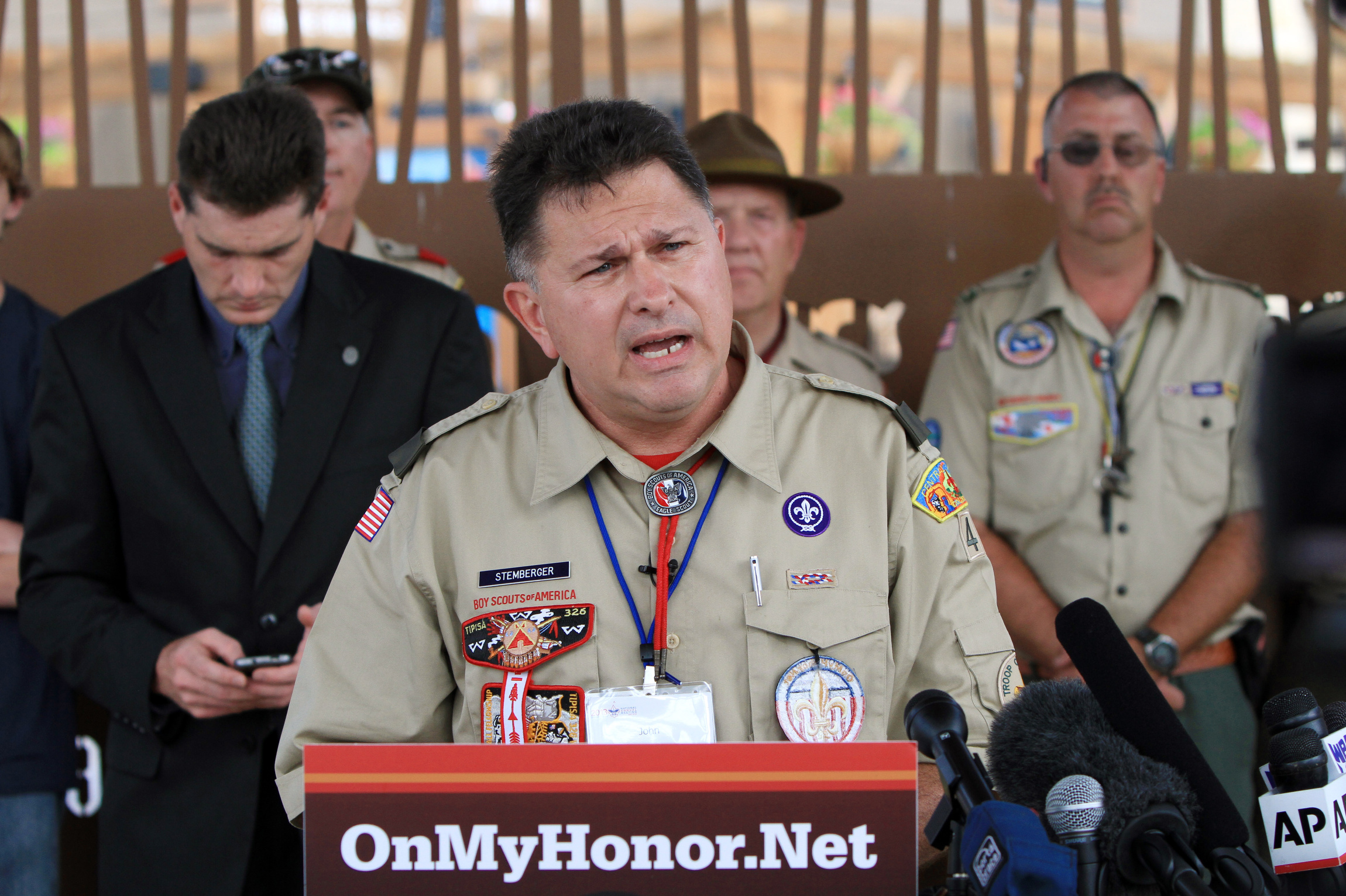 John Stemberger, an Eagle Scout and founder of OnMyHonor.Net, a coalition opposed to allowing open homosexuality in the Boy Scouts of America, addresses the media May 23 in Grapevine, Texas, after the Scouts voted on allowing openly gay members to join the Boy Scouts of America May 23. (CNS photo/Ben Torres)