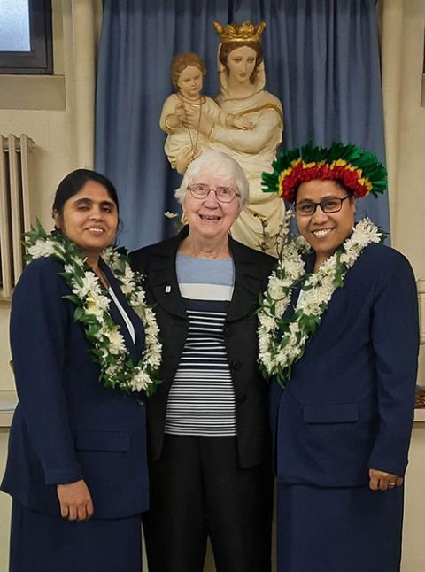Sr. Judith Sheridan with two of her sisters — Sr. Sunitha Dipotta Anthonippillai from Sri Lanka (left) and Sr. Mira Taurannang from Kiribati (right) – at the time of their final profession in February 2021 (Courtesy of Judith Sheridan)
