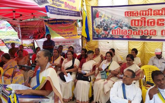 Medical Mission Sr. Theramma Prayikalam speaks at a protest supporting fish workers in Kerala, India.