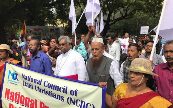 Bishop Neethinathan Anthonisamy leads a rally in New Delhi, India, calling for recognition and rights for Dalit Christians and Dalit Muslims. 