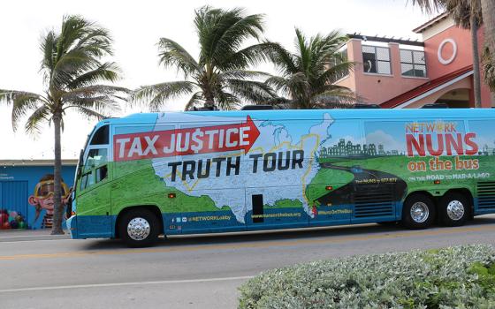 The 2018 Nuns on the Bus: Tax Justice Truth Tour travels down the road in West Palm Beach, Florida during the 27-day trip from California to Mar-a-Lago. Over the past months, Emily TeKolste has led workshops on racial justice and the tax code. (Courtesy)