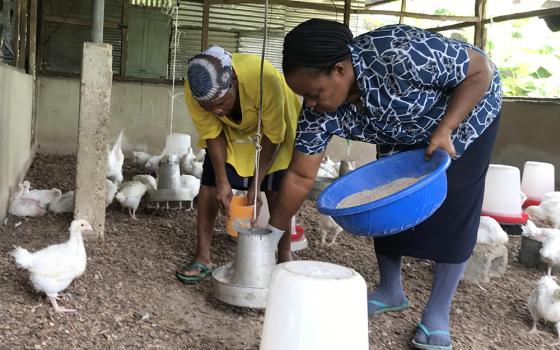 Ime Effiong (left, in yellow), one of the women who received mental health care from the Daughters of Charity of St. Vincent de Paul, tends to the birds on the poultry farm under Sr. Catherine Nkereuwem’s supervision in Uyo, a town in southeastern Nigeria