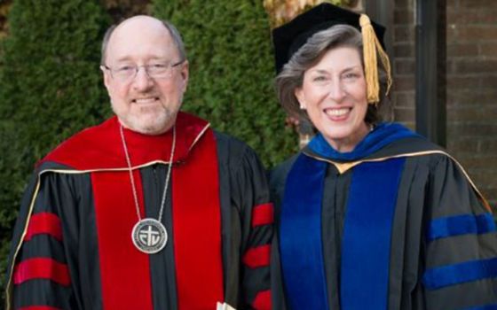 Dominican Sr. Barbara Reid, left, with outgoing president of Catholic Theological Union, Fr. Mark Francis, at his installation as president in the fall of 2013 when Reid was vice president and academic dean. (Provided photo)