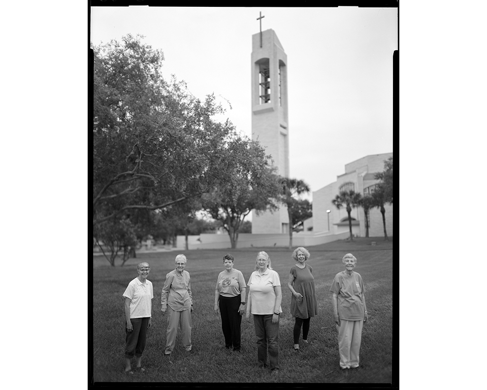 Sinsinawa Dominican Sisters and associates stand outside the Basilica of Our Lady of San Juan del Valle in San Juan, Texas. The group spent about two weeks volunteering at the Humanitarian Respite Center in McAllen. From left: Sr. LouAnne Willette, Sr. Ma