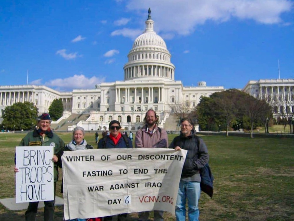 On the eighth of what was a 34-day fast, Carmelite Sr. Maureen Foltz, second from left, stands at the U.S. Capitol in February 2006 for the "Winter of Our Discontent" protest, a liquid-only diet call for U.S. peace. She is pictured with veterans Mike Fern On the eighth of what was a 34-day fast, Carmelite Sr. Maureen Foltz, second from left, stands at the U.S. Capitol in February 2006 for the "Winter of Our Discontent" protest, a liquid-only diet call for U.S. peace. She is pictured with veterans Mike Fern
