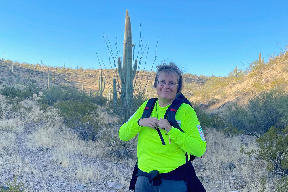 Felician Sr. Maria Louise Edwards volunteers in the water drop-off ministry in the Sonoran Desert near Ajo, Arizona. (Peter Tran)