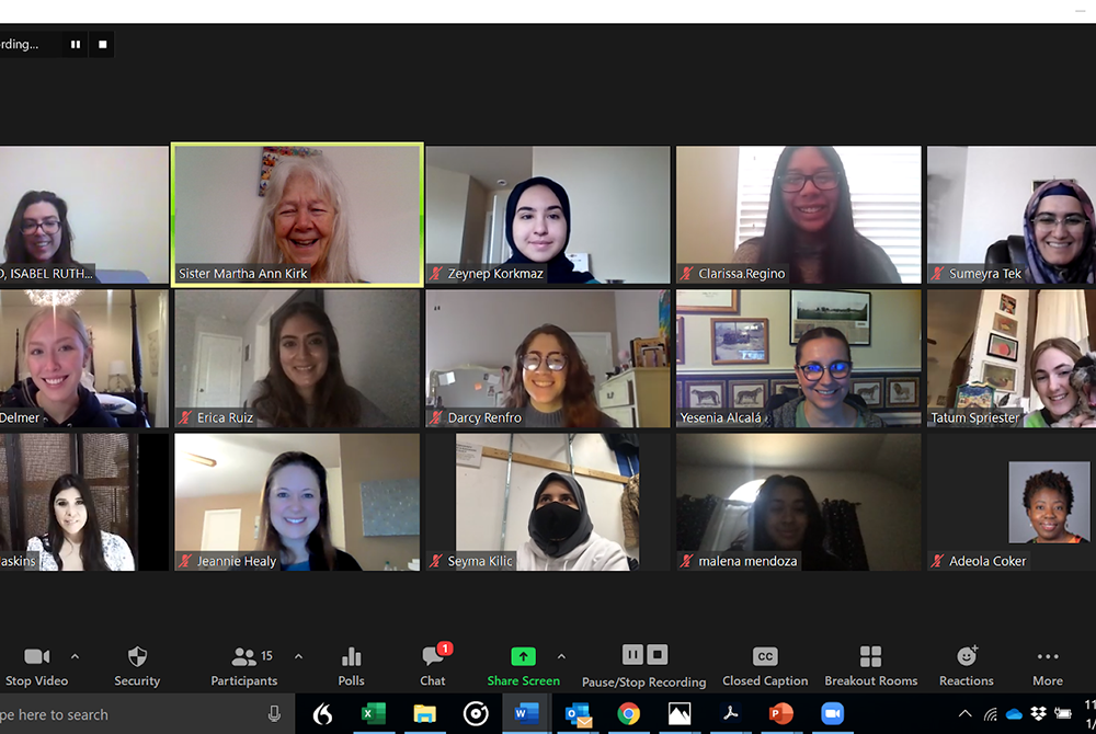 San Antonio to UN participants Young women of "San Antonio to UN" are pictured in their weekly Zoom meeting. The group presented virtually at the United Nations' NGO CSW Forum in March. (Courtesy of Martha Ann Kirk)