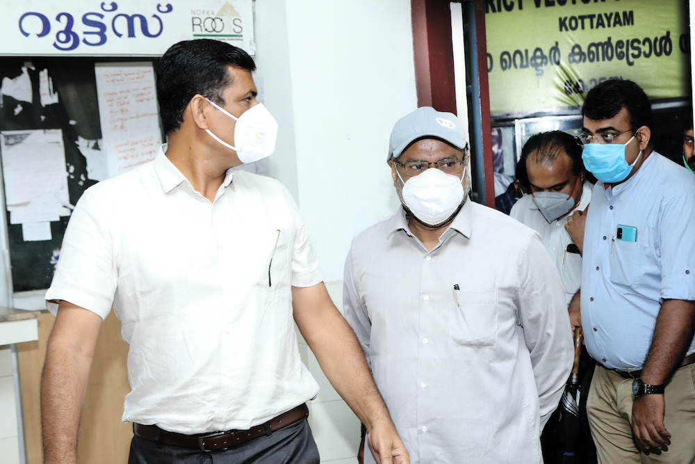 Bishop Franco Mulakkal of Jalandhar, center, in a light-colored cap, exits the Additional District and Sessions Court in Kottayam, Kerala, Aug. 13, 2020, after he was formally charged with raping and intimidating a Catholic nun. (M.A. Salam)