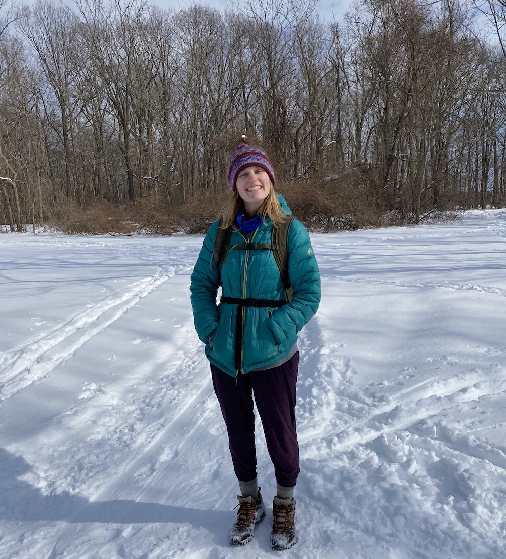 Taking advantage of the slightly warmer weather and sunshine while enjoying a hike Feb. 20 along the trails in a nearby park in New Jersey (Courtesy of Christina Hardebeck) Maddie Thompson standing outside in the snow