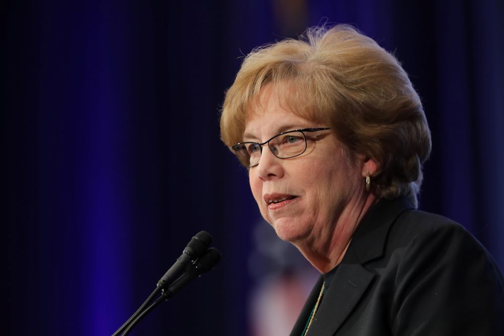 Adrian Dominican Sr. Donna Markham, president and CEO of Catholic Charities USA, speaks Nov. 13, 2019, during the fall general assembly of the U.S. Conference of Catholic Bishops in Baltimore. (CNS/Bob Roller)