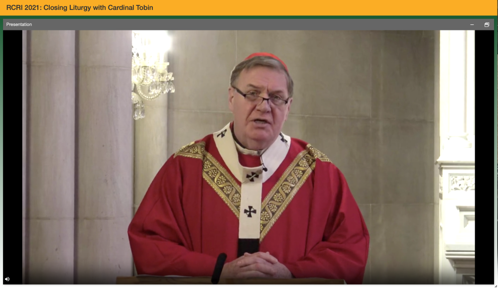 Cardinal Joseph Tobin, archbishop of Newark, New Jersey, celebrates Mass Oct. 28 to close the Resource Center for Religious Institutes' annual conference. (GSR screenshot)