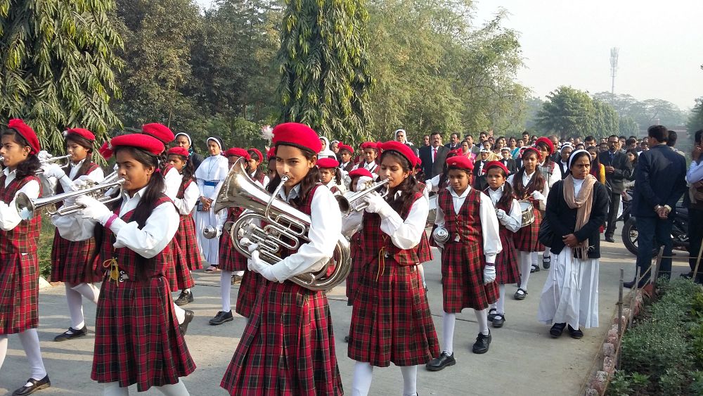 The Sanjoepuram Children's Village band leads a parade in the first Communion program at St. Francis Assisi Church at Dilshad Garden in Delhi in 2017. (Jessy Joseph)