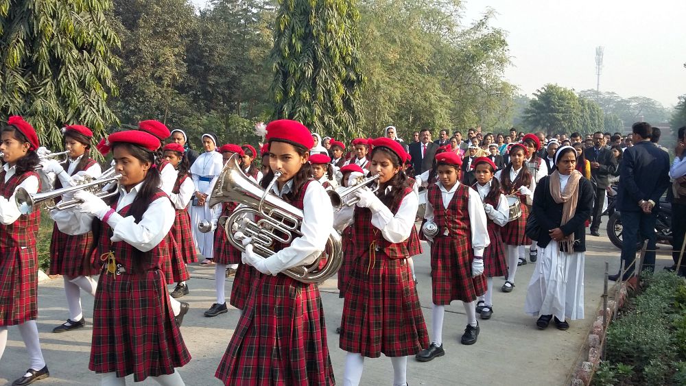 The Sanjoepuram Children's Village band leads a parade in the first Communion program at St. Francis Assisi Church at Dilshad Garden in Delhi in 2017. (Jessy Joseph) The Sanjoepuram Children's Village band leads a parade in the first Communion program at St. Francis Assisi Church at Dilshad Garden in Delhi in 2017. (Jessy Joseph)