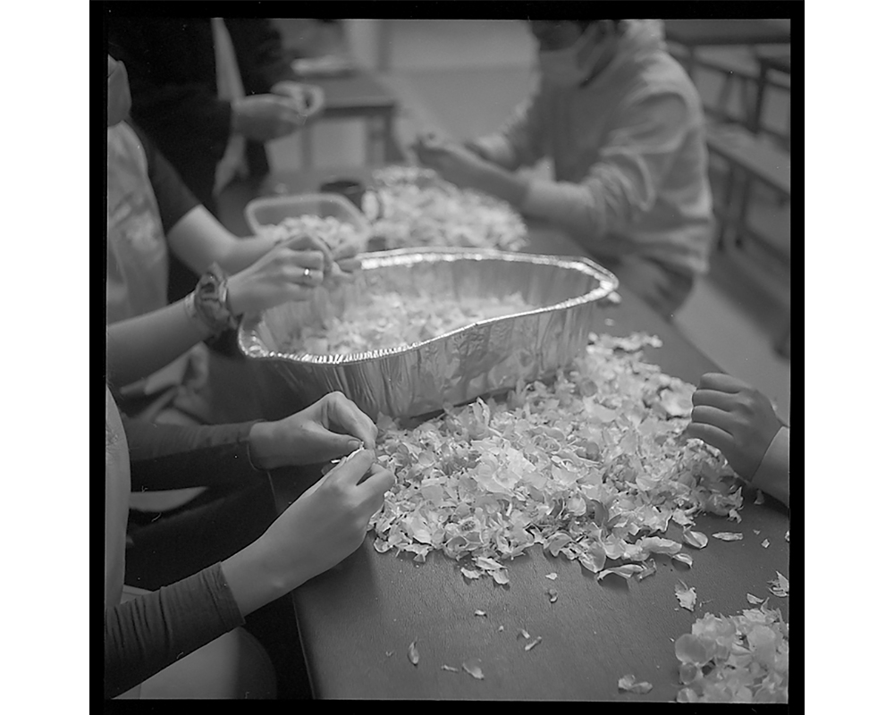 Volunteers and migrants peel garlic for the kitchen at the Kino Border Initiative in Nogales, Mexico. (Lisa Elmaleh)
