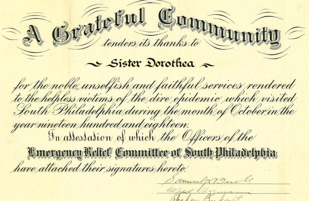 A certificate thanks Immaculate Heart of Mary Sister Dorothea for her service during the 1918 "dire epidemic." (Courtesy of the Immaculata, Pennsylvania, branch of the Immaculate Heart of Mary sisters)