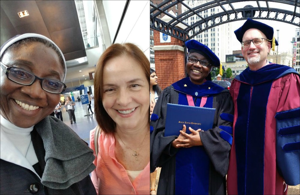 St. Louis Rita Akin-Otiko with (left photo) Gwenis Laura, her intern boss at Loyola Marymount University, and (right photo) Gary Ritter, dean of the School of Education at St. Louis University (Provided photos)