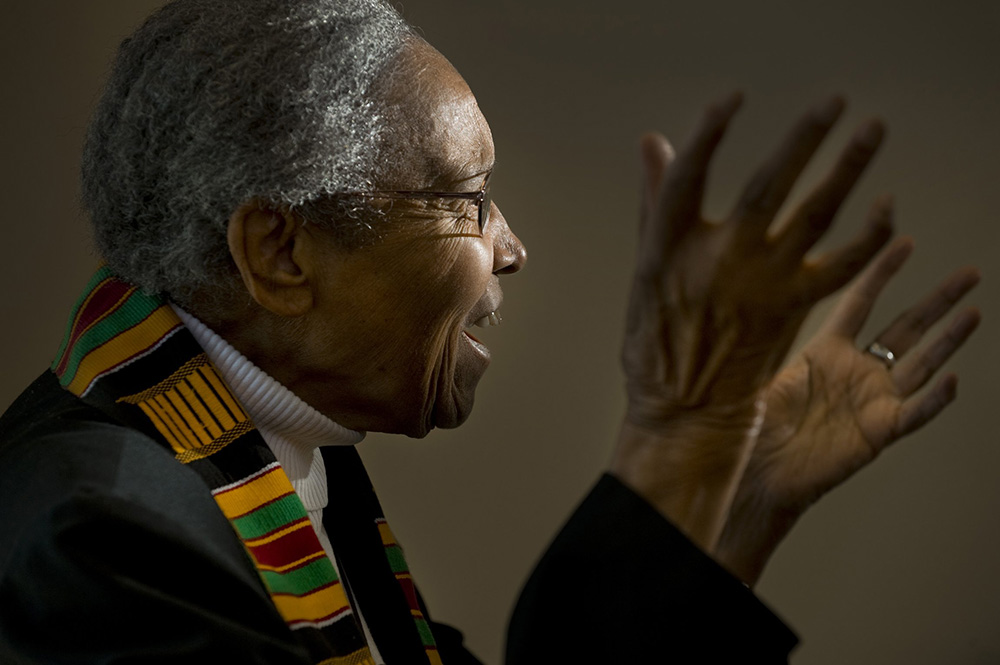 Franciscan Sr. Antona Ebo addresses students at Cardinal Ritter High School in St. Louis in 2014. (CNS/St. Louis Review/Lisa Johnston)