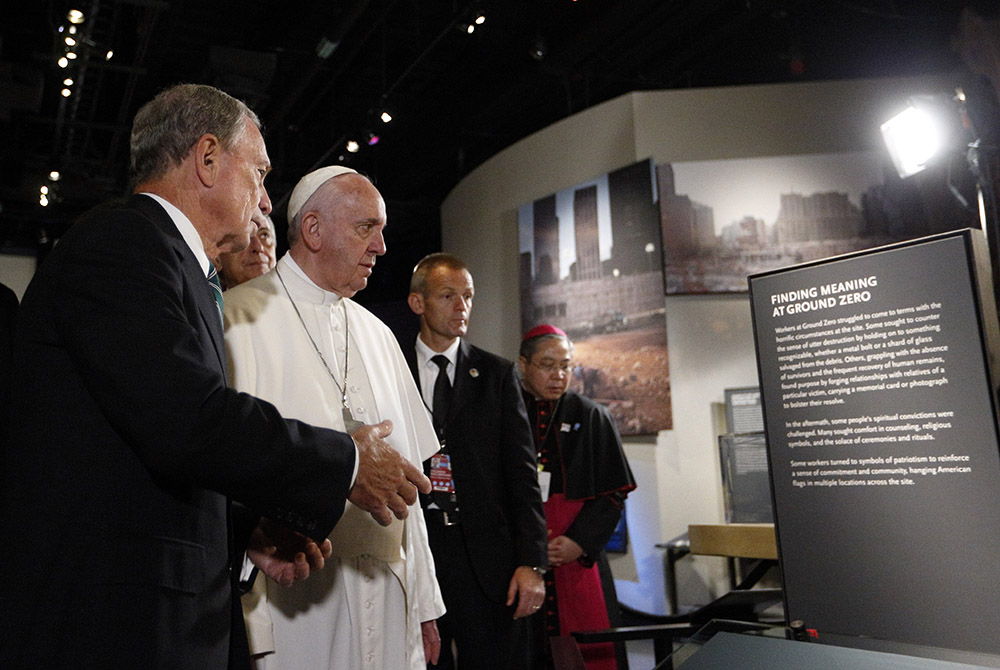 Pope Francis looks at an exhibit as he visits the ground zero 9/11 Memorial Museum Sept. 25, 2015, in New York. (CNS/Paul Haring)