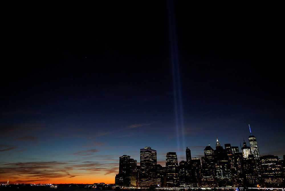 The "Tribute in Light" is seen on the eve of the 15th anniversary of the 9/11 attacks on the World Trade Center in New York Sept. 10, 2015. The Sept. 11, 2001, terrorist attacks claimed the lives of nearly 3,000 people. (CNS/Reuters/Andrew Kelly)