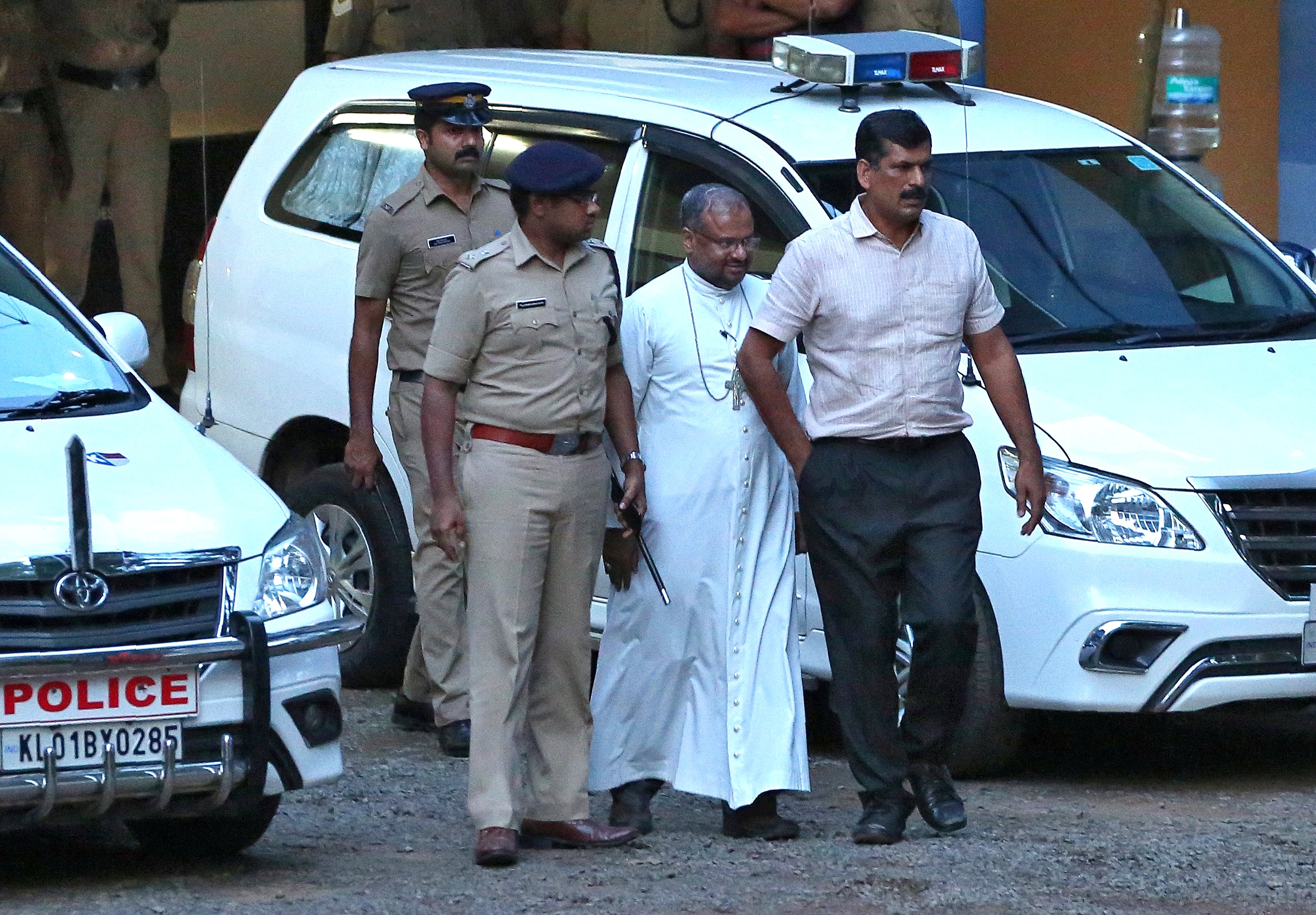 Bishop Franco Mulakkal of Jalandhar, India, is led away for questioning by police Sept. 19, 2018, on the outskirts of Cochin. (CNS/Reuters/Sivaram V)