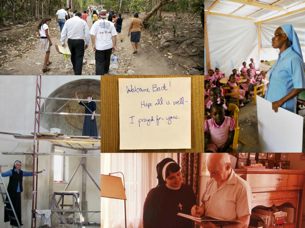 Clockwise from top left to center: Images from 2019 Global Sisters Report columns by Sr. Mary Ellen Brody, Barbara Wander, Sr. Nancy Linenkugel, Sr. Nazariya Mykhayliuk and Sr. Virginia Herbers (File photos)