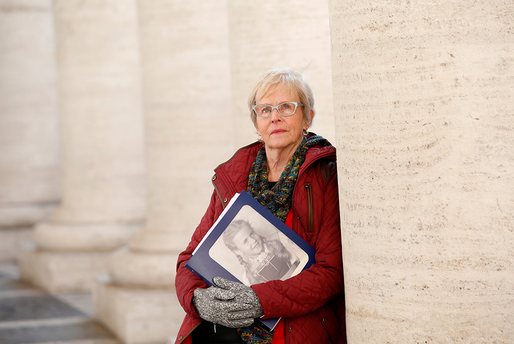 Mary Dispenza, national representative of Survivors Network of those Abused by Priests and head of its nun abuse group, poses in St. Peter's Square Feb. 20, 2019, at the Vatican. Dispenza joined SNAP because she says she was raped by a priest when she was