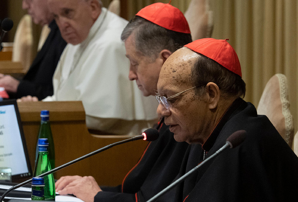 Cardinal Oswald Gracias (foreground) of Mumbai, India, speaks at a Vatican meeting on the protection of minors in the church in February 2019. (CNS/Vatican Media)