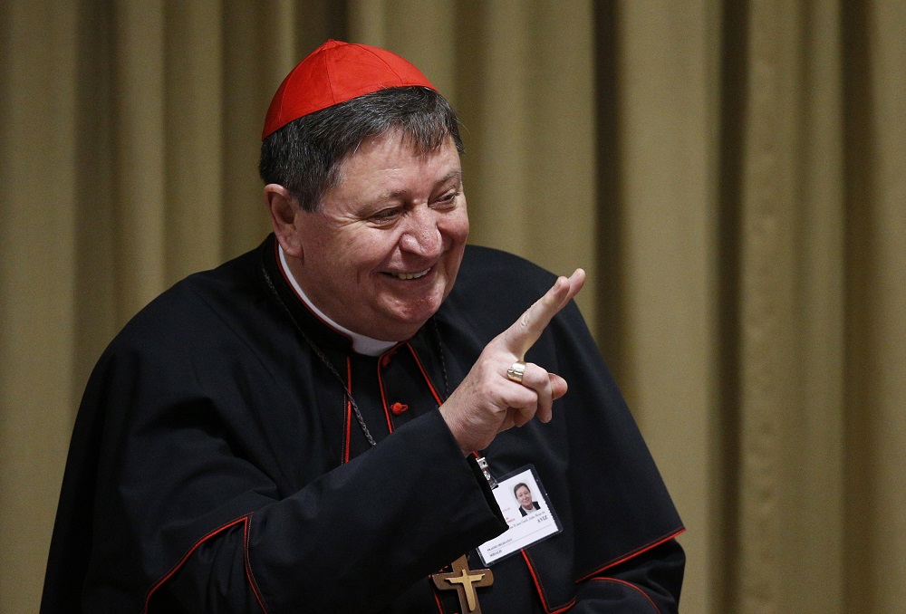 Brazilian Cardinal João Braz de Aviz, prefect of the Congregation for Institutes of Consecrated Life and Societies of Apostolic Life, gestures at the start of the first session of the Synod of Bishops for the Amazon on Oct. 7, 2019, at the Vatican.