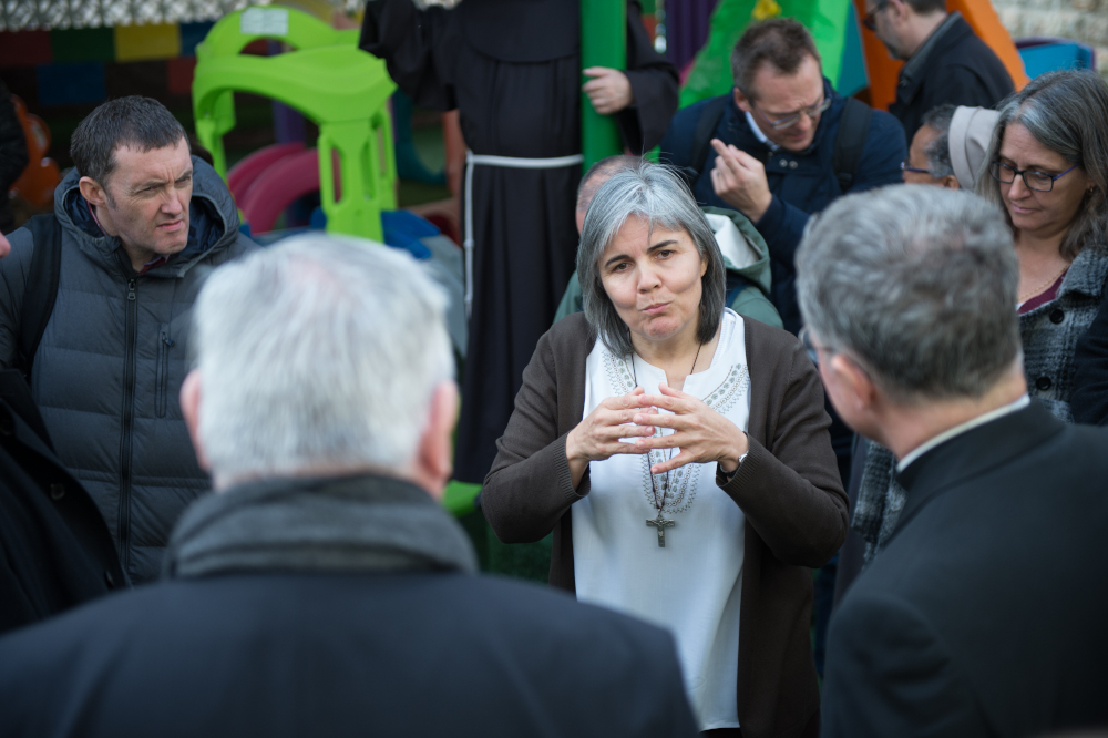 Comboni Sr. Alicia Vacas speaks to members of the Holy Land Coordination during a visit to the sisters' convent in Bethany, West Bank, Jan. 14, 2020. (CNS/Bishops' Conference of England and Wales/Marcin Mazur)