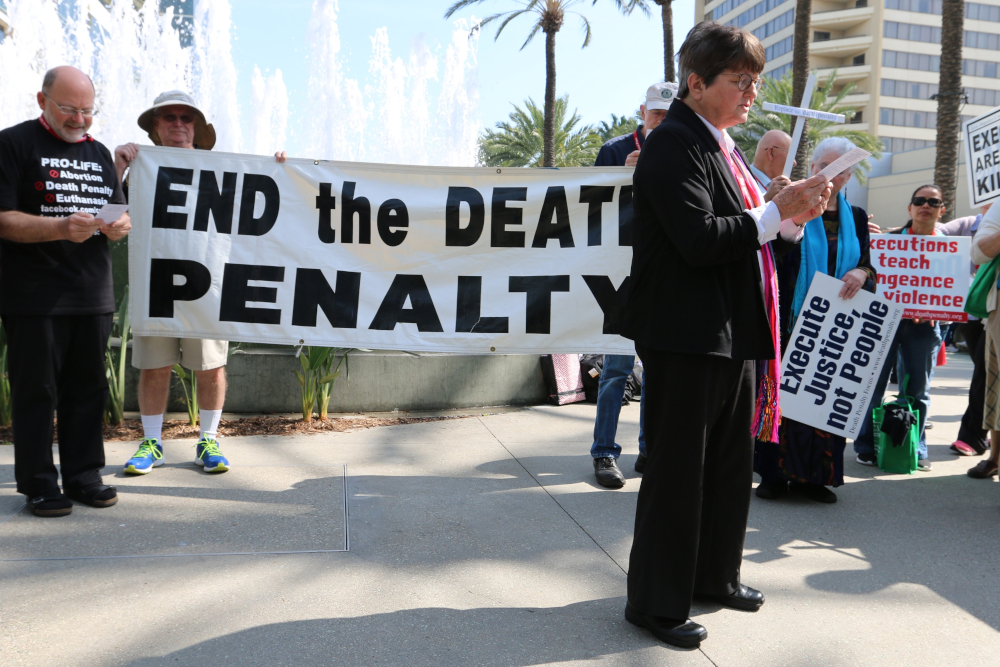Sr. Helen Prejean, a Sister of St. Joseph of Medaille, speaks at a 2016 protest in Anaheim, California. (CNS/The Tidings/J.D. Long-Garcia)