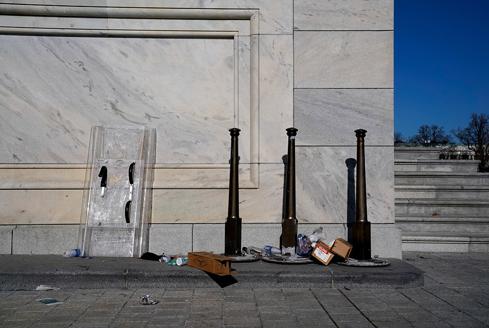 Riot shields lean on a U.S. Capitol wall Jan. 7 in Washington, one day after supporters of President Donald Trump breached the U.S. Capitol. (CNS/Erin Scott, Reuters)