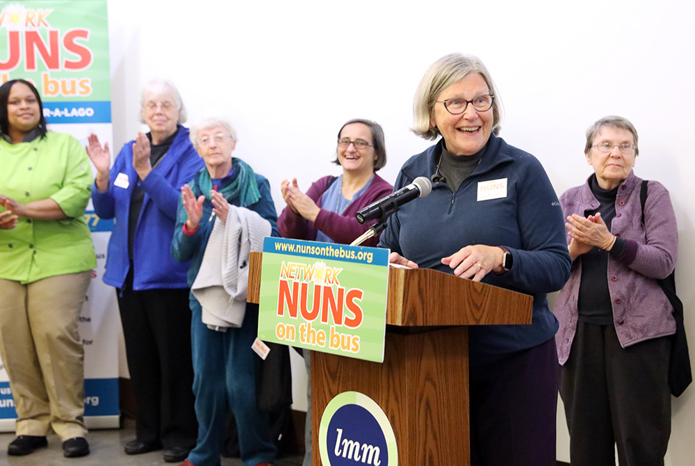 Sr. Simone Campbell, executive director of Network, a Catholic social justice lobby, speaks at a rally questioning the 2017 tax cut law at Lutheran Metropolitan Ministries headquarters Oct. 20, 2018, in Cleveland. She will step down from Network in March 