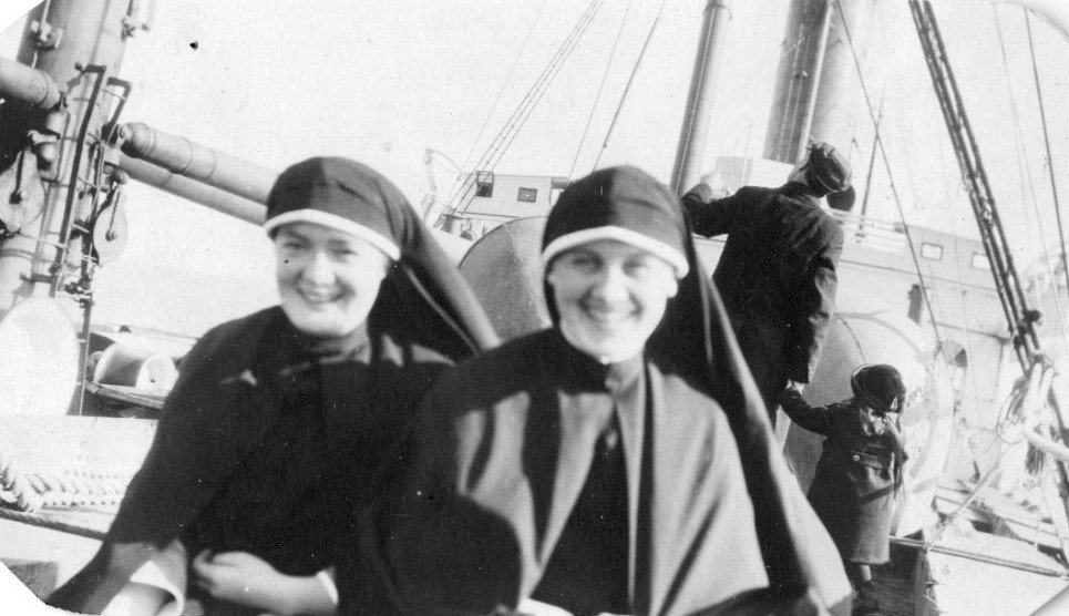 Maryknoll Srs. Imelda Sheridan and Barbara Froehlich on board the S.S. Monteagle en route to China. They departed Vancouver, British Columbia, on Sept. 24, 1921, and arrived in Kowloon in Hong Kong on Nov. 3. (CNS/Courtesy of the Maryknoll Sisters)