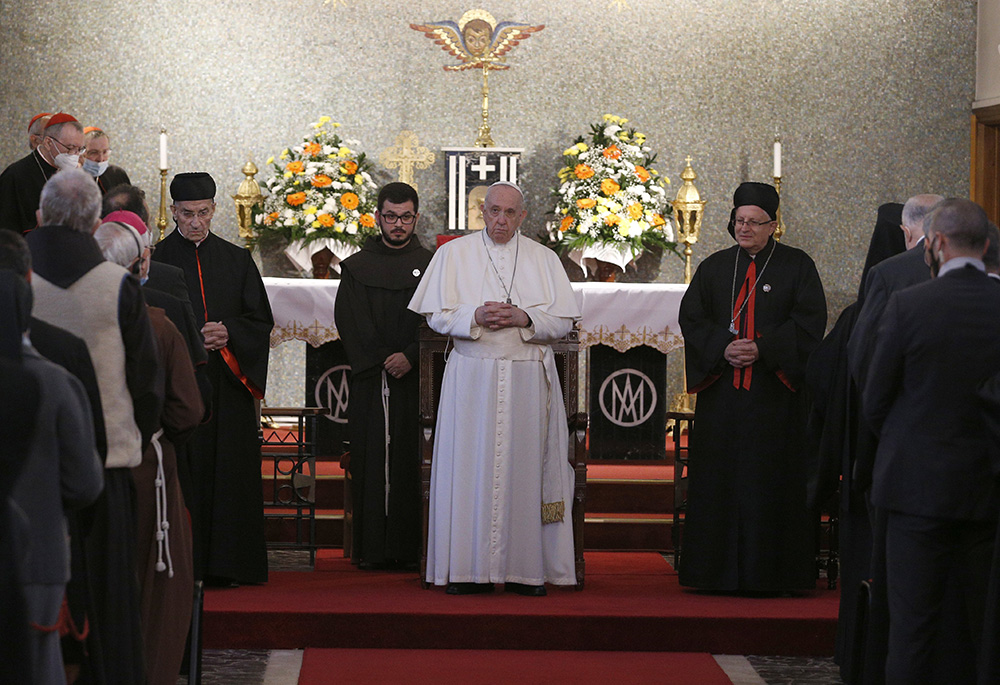 Pope Francis leads a meeting with priests, religious, deacons, catechists and members of church groups and movements at the Maronite Cathedral of Our Lady of Grace Dec. 2 in Nicosia, Cyprus. (CNS/Paul Haring)
