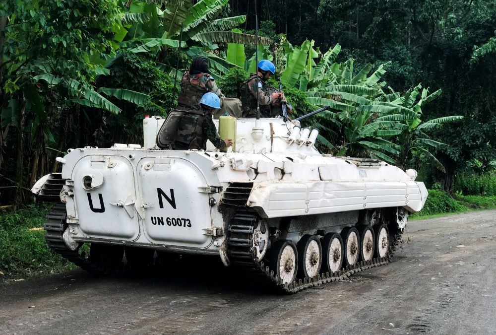 : U.N. peacekeepers patrol areas affected by recent attacks from rebels near Rangira, Democratic Republic of Congo, in March. (CNS/Reuters/Djaffar Sabiti) 